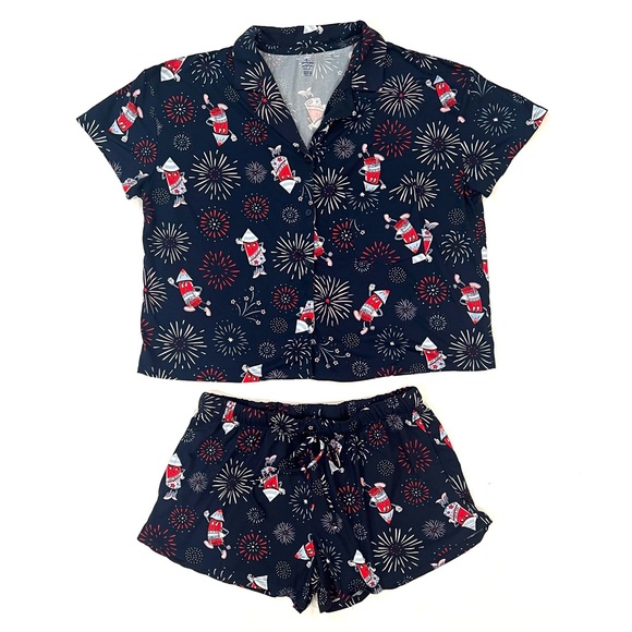 Celebrate Patriotic Fireworks 4th of July Print Navy Blue Pajama Set Medium EUC - Picture 1 of 6